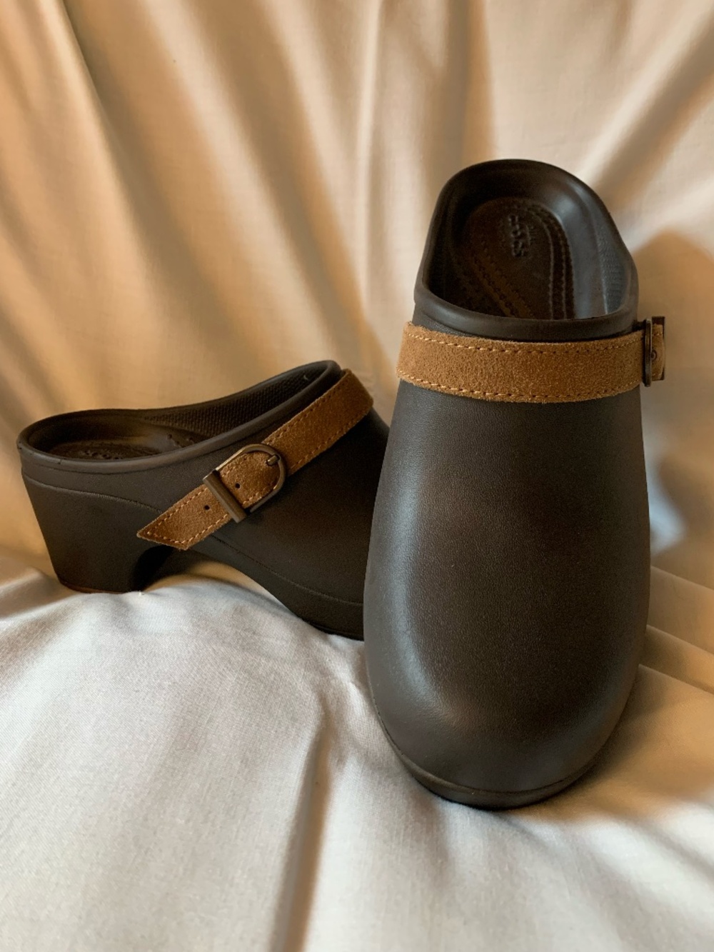 CROCS brown 'Sarah Mule Clogs' with tan suede strap